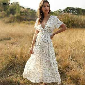 Short Sleeve Dress Maxi Boho Floral White - Sophornlilly