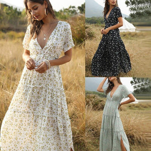 Short Sleeve Dress Maxi Boho Floral White - Sophornlilly