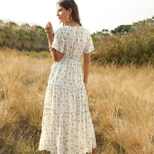 Short Sleeve Dress Maxi Boho Floral White - Sophornlilly