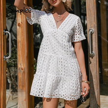 Load image into Gallery viewer, Simplee Sexy v neck lace stitching white dress summer new Short