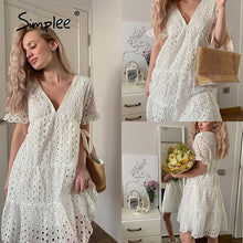 Load image into Gallery viewer, Simplee Sexy v neck lace stitching white dress summer new Short