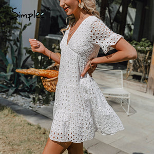 Simplee Sexy v neck lace stitching white dress summer new Short