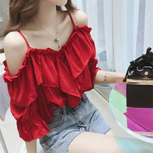 Load image into Gallery viewer, Sling women&#39;s one word collar shirt ruffled off shoulder top tide - Sophornlilly