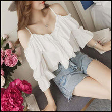 Load image into Gallery viewer, Sling women&#39;s one word collar shirt ruffled off shoulder top tide - Sophornlilly