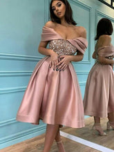 Load image into Gallery viewer, Smileven Rose Pink Off The Shoulder Sequins Evening Dresses Tea Length