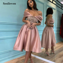 Load image into Gallery viewer, Smileven Rose Pink Off The Shoulder Sequins Evening Dresses Tea Length