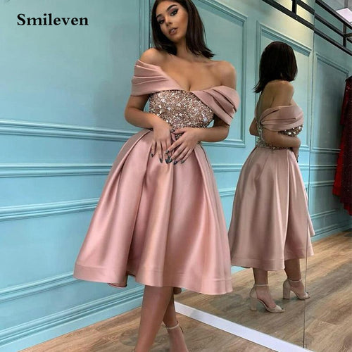 Smileven Rose Pink Off The Shoulder Sequins Evening Dresses Tea Length