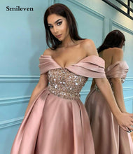 Load image into Gallery viewer, Smileven Rose Pink Off The Shoulder Sequins Evening Dresses Tea Length