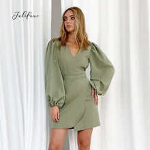 Load image into Gallery viewer, Solid Sexy V Neck Mini Dress Asymmetry Tunic High Waist Ladies Elegant