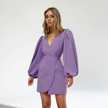 Load image into Gallery viewer, Solid Sexy V Neck Mini Dress Asymmetry Tunic High Waist Ladies Elegant