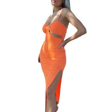 Load image into Gallery viewer, Spaghetti Strap Knot Chest Wrap Side Split Midi Dress Front Hollow