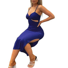Load image into Gallery viewer, Spaghetti Strap Knot Chest Wrap Side Split Midi Dress Front Hollow