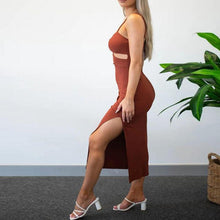 Load image into Gallery viewer, Spaghetti Strap Knot Chest Wrap Side Split Midi Dress Front Hollow