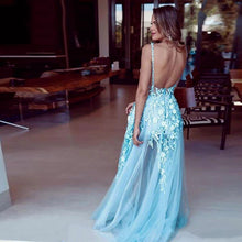 Load image into Gallery viewer, Spaghetti Straps Evening Dresses V Neck Sleeveless Lace Appliques