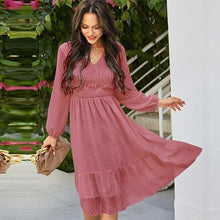Load image into Gallery viewer, Spring New Sweet Solid Dress Women Casual V Neck Lantern Sleeve High - Sophornlilly