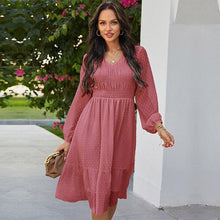 Load image into Gallery viewer, Spring New Sweet Solid Dress Women Casual V Neck Lantern Sleeve High - Sophornlilly