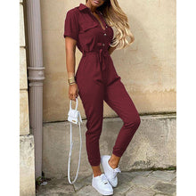 Load image into Gallery viewer, Printed Belt Overalls Rompers Short Sleeve Skinny High