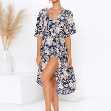 Load image into Gallery viewer, Spring Summer new V neck blue flower chiffon dress vintage sexy - Sophornlilly