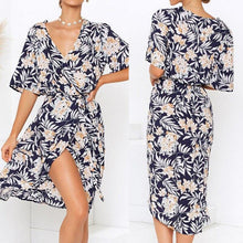 Load image into Gallery viewer, Spring Summer new V neck blue flower chiffon dress vintage sexy - Sophornlilly