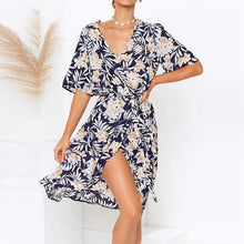 Load image into Gallery viewer, Spring Summer new V neck blue flower chiffon dress vintage sexy - Sophornlilly