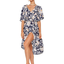 Load image into Gallery viewer, Spring Summer new V neck blue flower chiffon dress vintage sexy - Sophornlilly