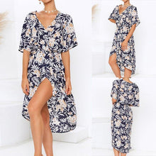 Load image into Gallery viewer, Spring Summer new V neck blue flower chiffon dress vintage sexy - Sophornlilly