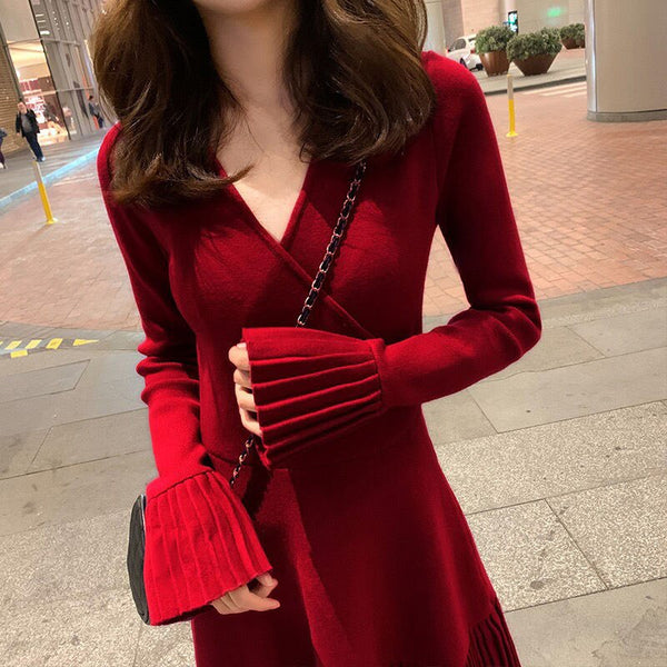 Spring Sweater Dress Women Elegant Retro Party Knitted Dress Female