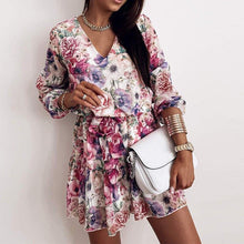 Load image into Gallery viewer, Spring Women's Chiffon V Neck Flower Print Dress Casual Long Sleeve - Sophornlilly