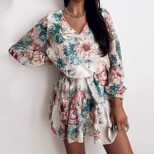 Load image into Gallery viewer, Spring Women's Chiffon V Neck Flower Print Dress Casual Long Sleeve - Sophornlilly