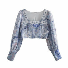 Load image into Gallery viewer, Spring Vintage Blue Print Crop Top Women Long Puff Sleeve