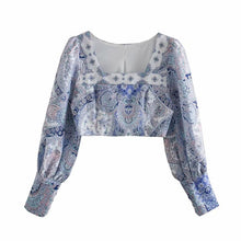 Load image into Gallery viewer, Spring Vintage Blue Print Crop Top Women Long Puff Sleeve