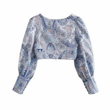 Load image into Gallery viewer, Spring Vintage Blue Print Crop Top Women Long Puff Sleeve