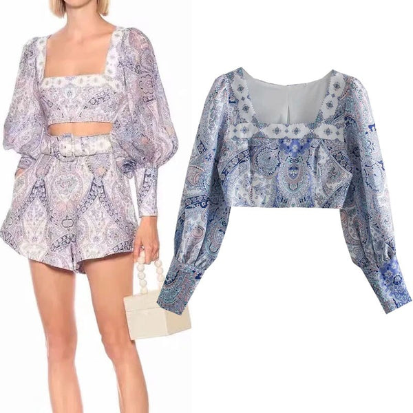 Spring Vintage Blue Print Crop Top Women Long Puff Sleeve