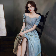 Load image into Gallery viewer, Square Collar Evening Dress Short Sleeves Ruched Sequins Elegant A
