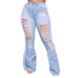 Street Wear Urban Plus Size Women Jeans Fashion High Waist Hole Tassel