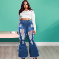 Street Wear Urban Plus Size Women Jeans Fashion High Waist Hole Tassel