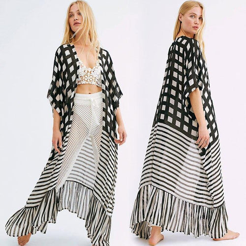 Striped Plaid Polyester Loose fitting Long Cardigan Beach Sunscreen - Sophornlilly