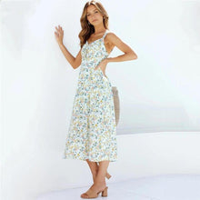 Load image into Gallery viewer, Summer Dress Femme Robe Floral Print Hem Slit  V Neck Sleeveless Maxi - Sophornlilly
