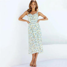 Load image into Gallery viewer, Summer Dress Femme Robe Floral Print Hem Slit  V Neck Sleeveless Maxi - Sophornlilly