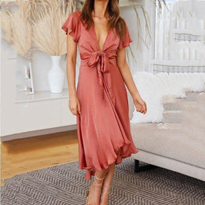 Summer Dress Women Sexy Short sleeved Deep V neck Irregular Dresses - Sophornlilly