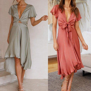 Summer Dress Women Sexy Short sleeved Deep V neck Irregular Dresses - Sophornlilly