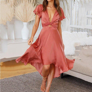 Summer Dress Women Sexy Short sleeved Deep V neck Irregular Dresses - Sophornlilly