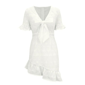 Summer Dress Women's Mini Dresses Femme Robes Hollow Out Bow Ruffles - Sophornlilly