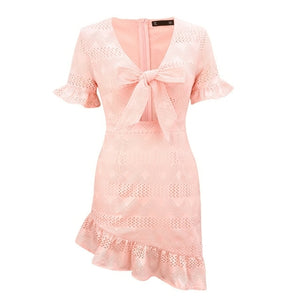 Summer Dress Women's Mini Dresses Femme Robes Hollow Out Bow Ruffles - Sophornlilly