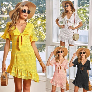 Summer Dress Women's Mini Dresses Femme Robes Hollow Out Bow Ruffles - Sophornlilly