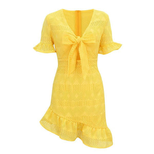 Summer Dress Women's Mini Dresses Femme Robes Hollow Out Bow Ruffles - Sophornlilly