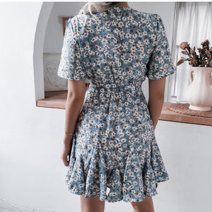 Summer Floral Dress Fashion Casual V neck Short Sleeve Sexy