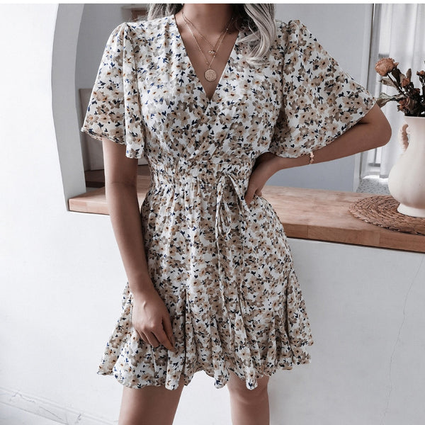 Summer Floral Dress Fashion Casual V neck Short Sleeve Sexy