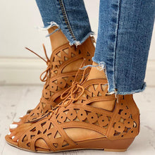 Load image into Gallery viewer, Summer Hollow Pu Leather Women Gladiator Sandals Wedge Low Heel Peep