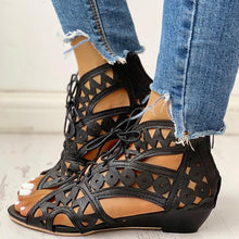 Load image into Gallery viewer, Summer Hollow Pu Leather Women Gladiator Sandals Wedge Low Heel Peep